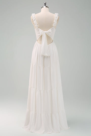 Vestido de fiesta largo plisado con tirantes de espagueti blancos de una línea con lazo